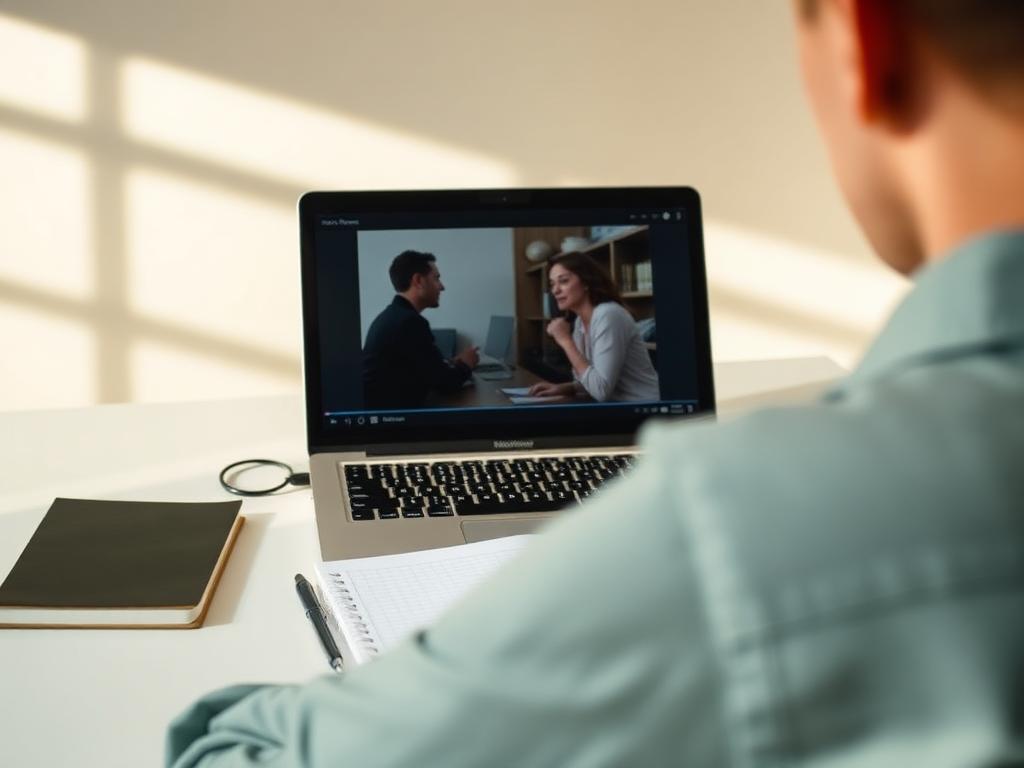Notebook reproduzindo uma videoaula sobre a mesa, com caderno e caneta ao lado