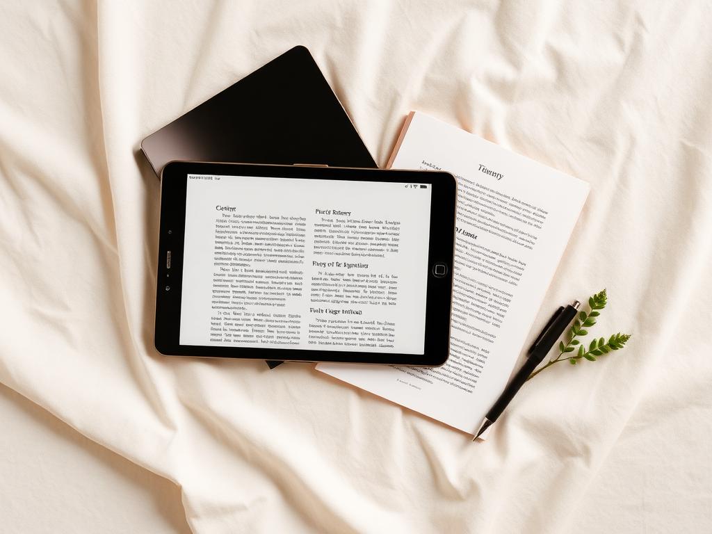 Tablet e livreto impresso vistos de cima sobre tecido cru