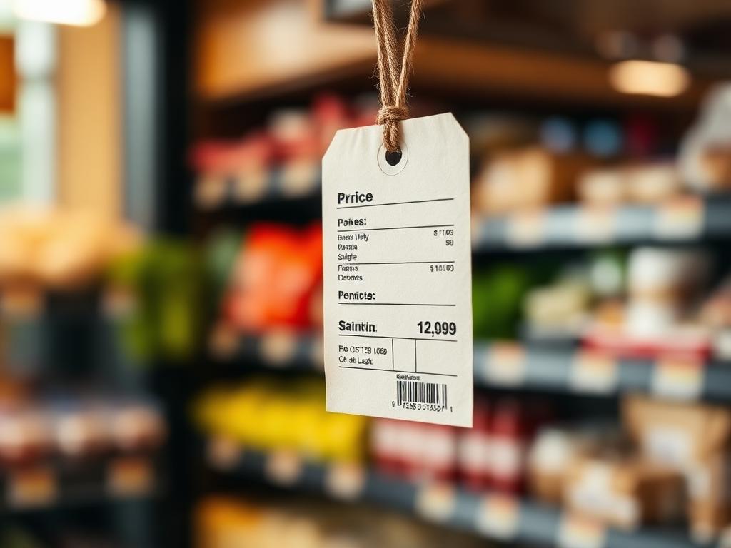 Etiqueta de preço pendurada em um produto, com prateleira de loja desfocada ao fundo